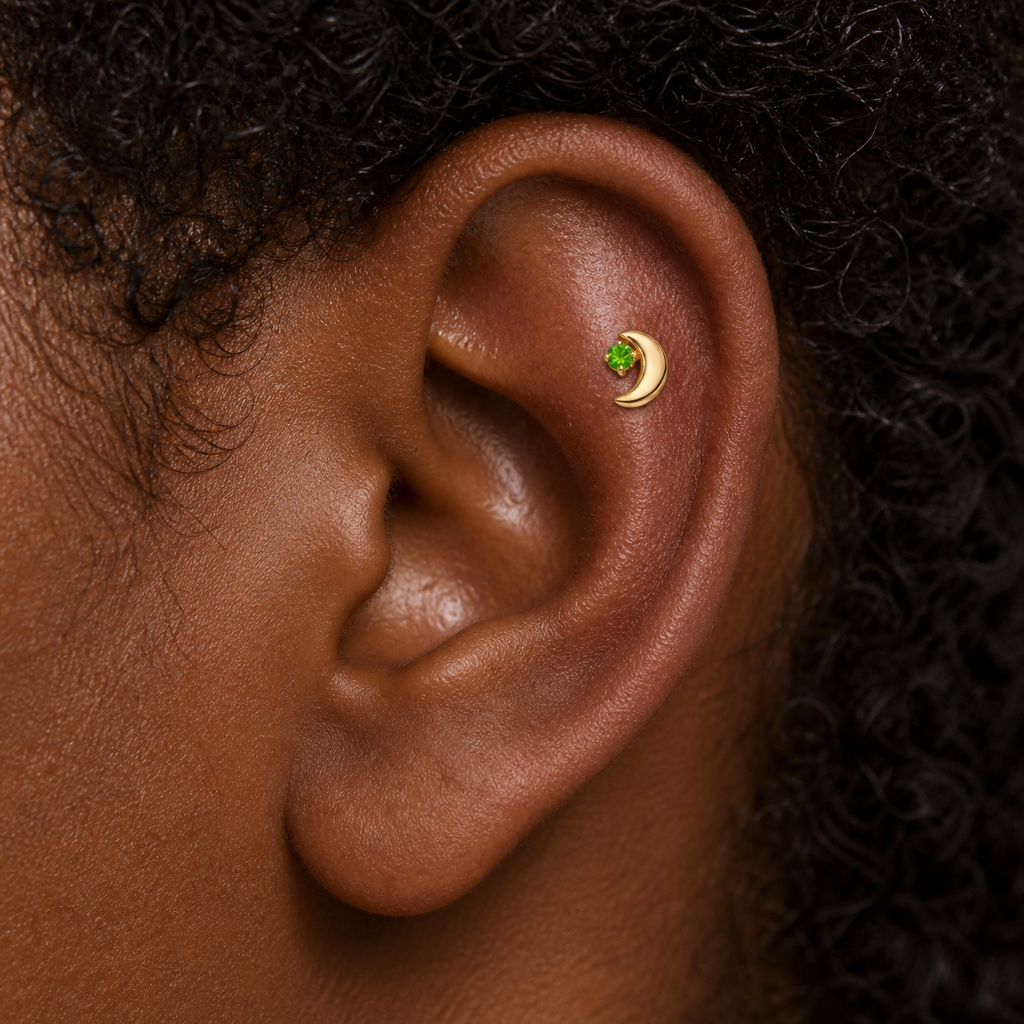 Emerald ASTM F136 Titanium Flat Back - Gold, Internally Threaded, 16G, 1.2 x 8+4 mm — wearing view three (P-FB-0165-G01)