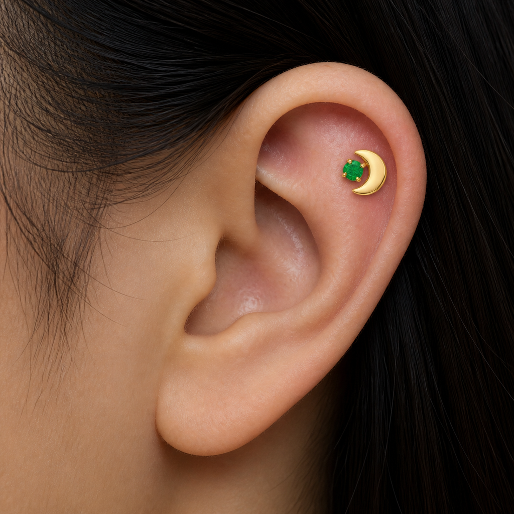 Emerald ASTM F136 Titanium Flat Back - Gold, Internally Threaded, 16G, 1.2 x 8+4 mm — wearing view four (P-FB-0165-G01)