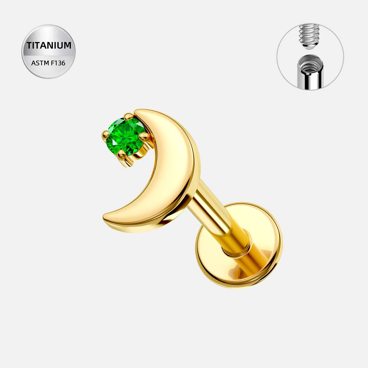 Emerald ASTM F136 Titanium Flat Back - Gold, Internally Threaded, 16G, 1.2 x 8+4 mm — product detail views (P-FB-0165-G01)