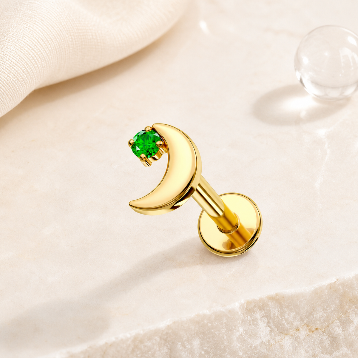 Emerald ASTM F136 Titanium Flat Back - Gold, Internally Threaded, 16G, 1.2 x 8+4 mm — styled flat lay (P-FB-0165-G01)