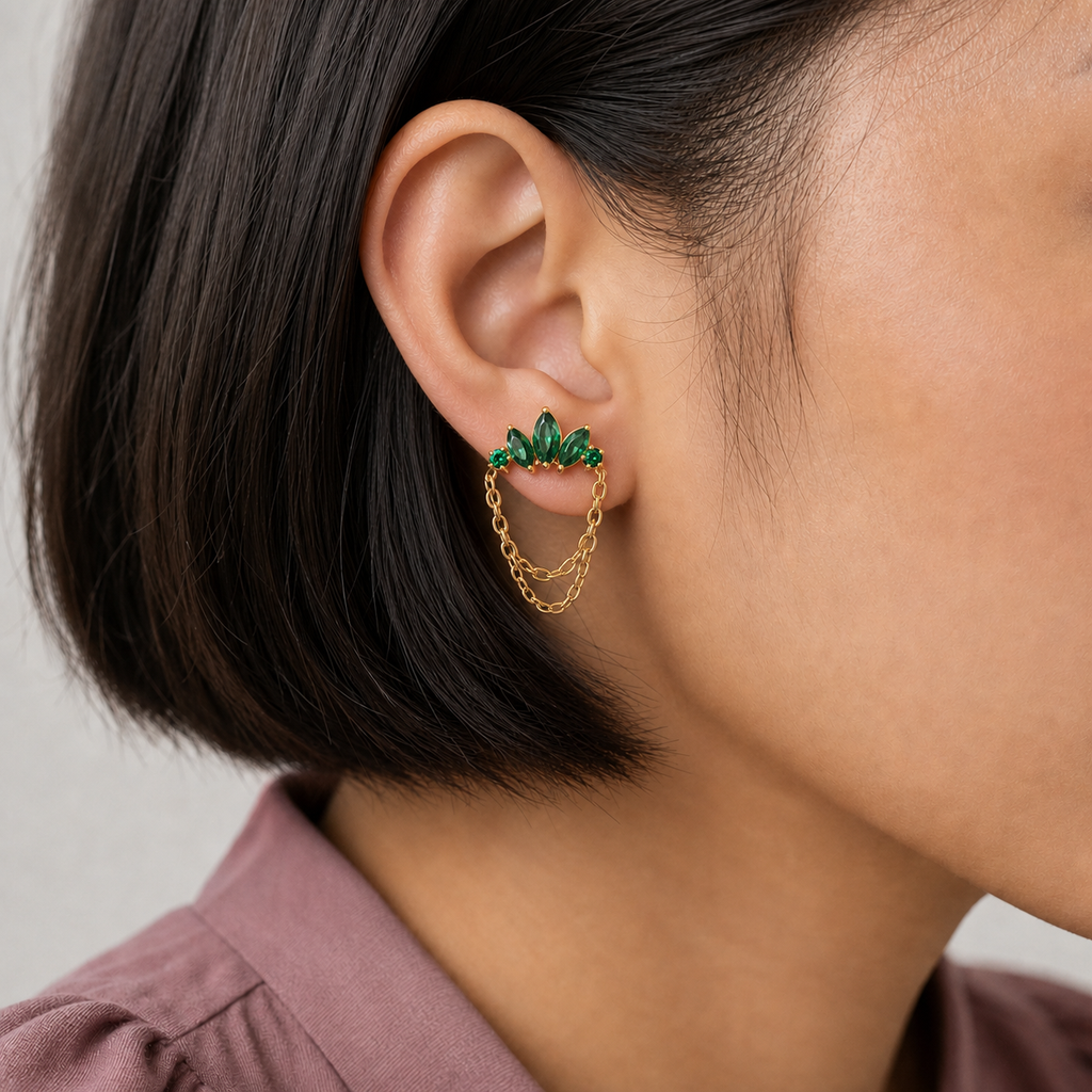 Emerald ASTM F136 Titanium Flat Back - Gold, Internally Threaded, 16G, 1.2 x 8+4 mm — wearing view three (P-FB-0166-G01)
