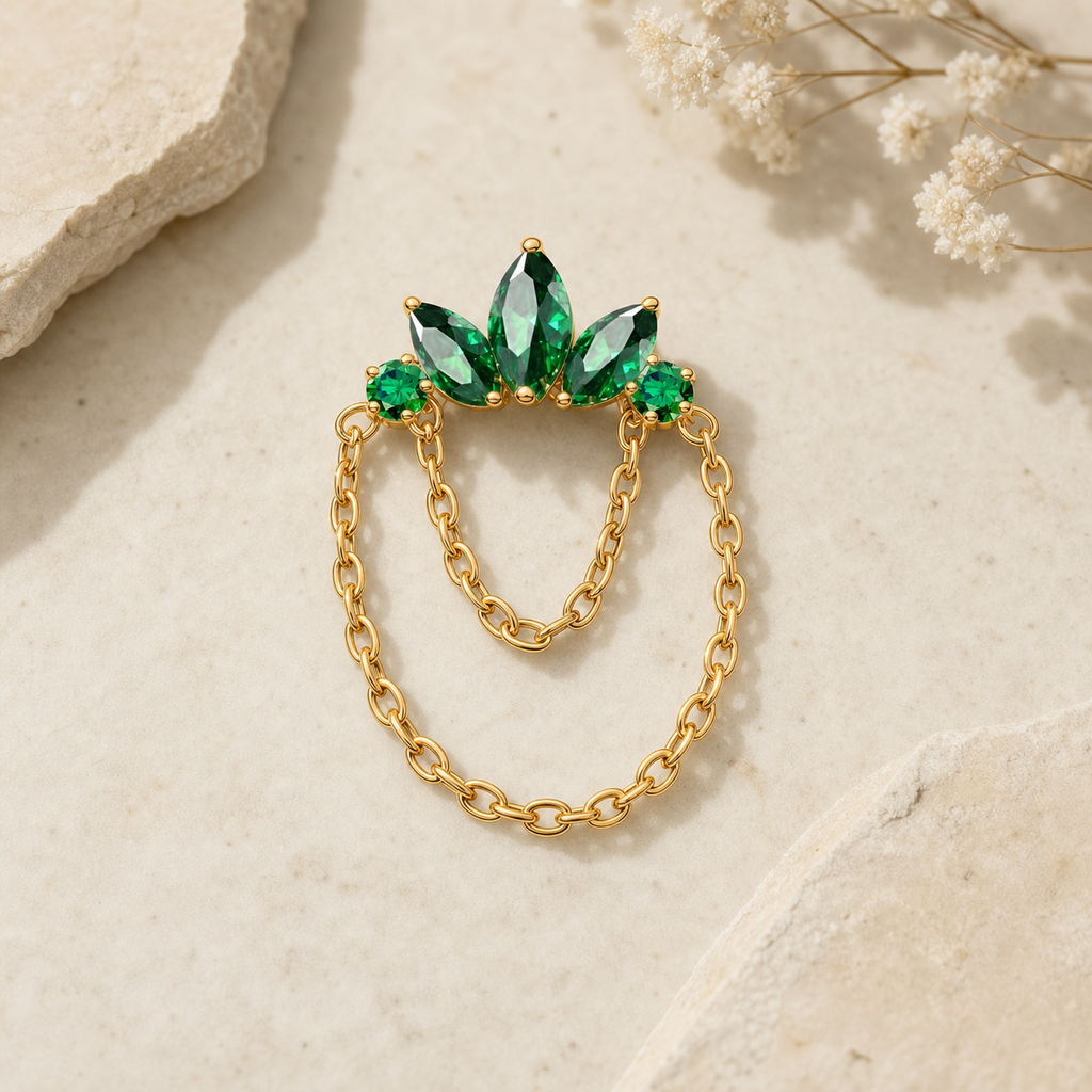 Emerald ASTM F136 Titanium Flat Back - Gold, Internally Threaded, 16G, 1.2 x 8+4 mm — styled flat lay (P-FB-0166-G01)