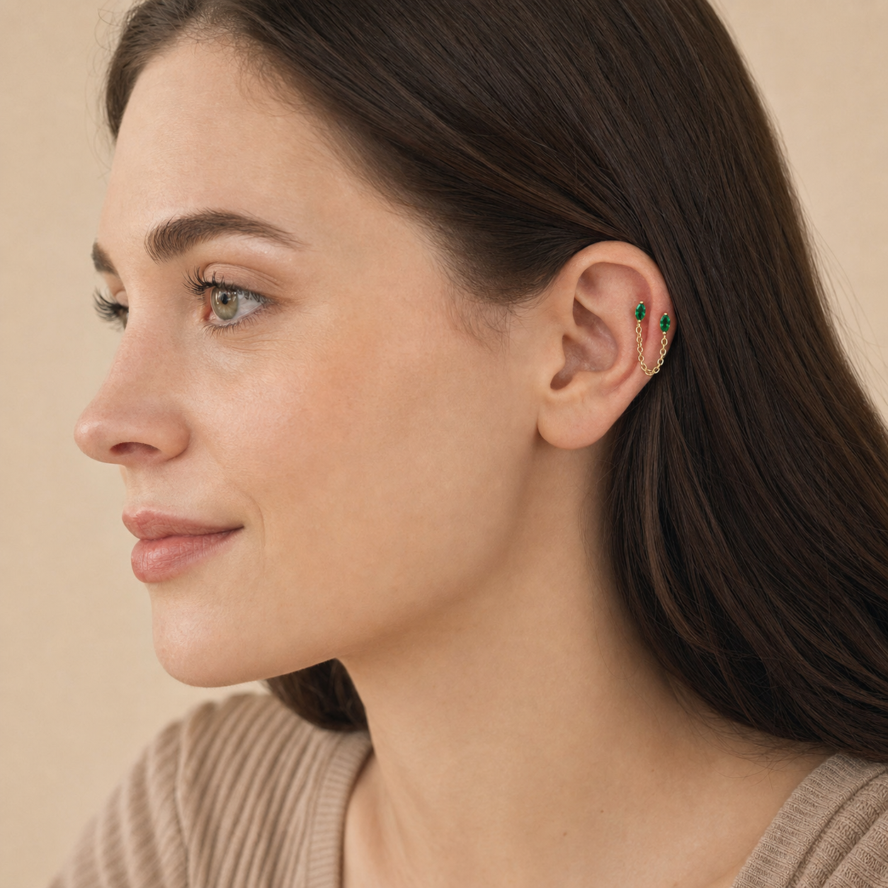 Emerald ASTM F136 Titanium Flat Back - Gold, Internally Threaded, 16G, 1.2 x 8+4 mm — wearing view four (P-FB-0167-G01)