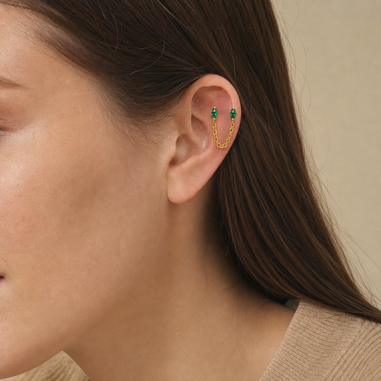 Emerald ASTM F136 Titanium Flat Back - Gold, Internally Threaded, 16G, 1.2 x 8+4 mm — wearing view one (P-FB-0167-G01)