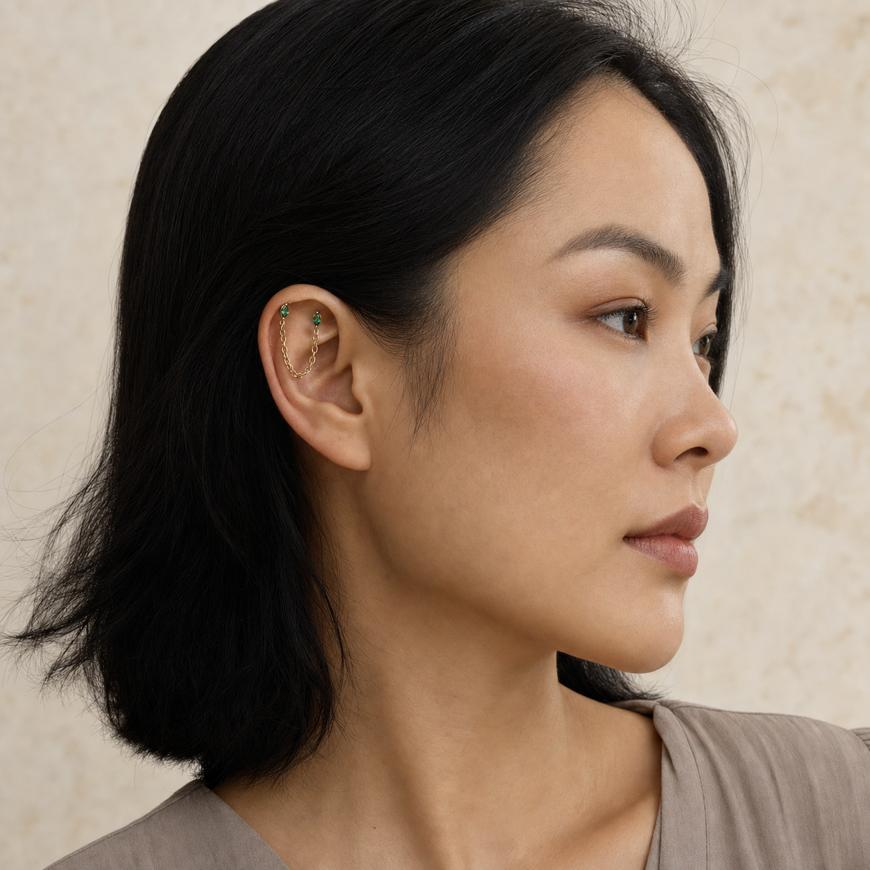 Emerald ASTM F136 Titanium Flat Back - Gold, Internally Threaded, 16G, 1.2 x 8+4 mm — wearing view three (P-FB-0167-G01)