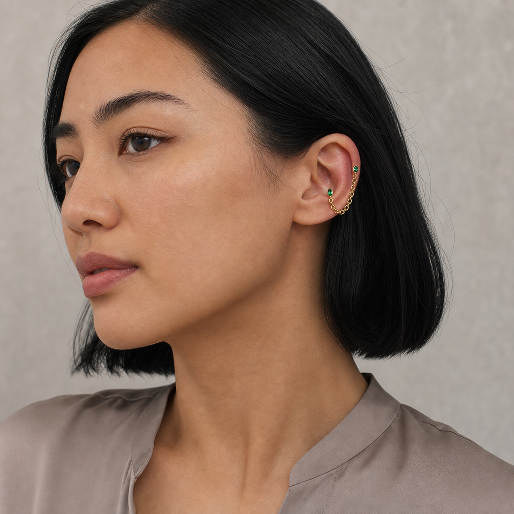 Emerald ASTM F136 Titanium Flat Back - Gold, Internally Threaded, 16G, 1.2 x 8+4 mm — wearing view six (P-FB-0167-G01)