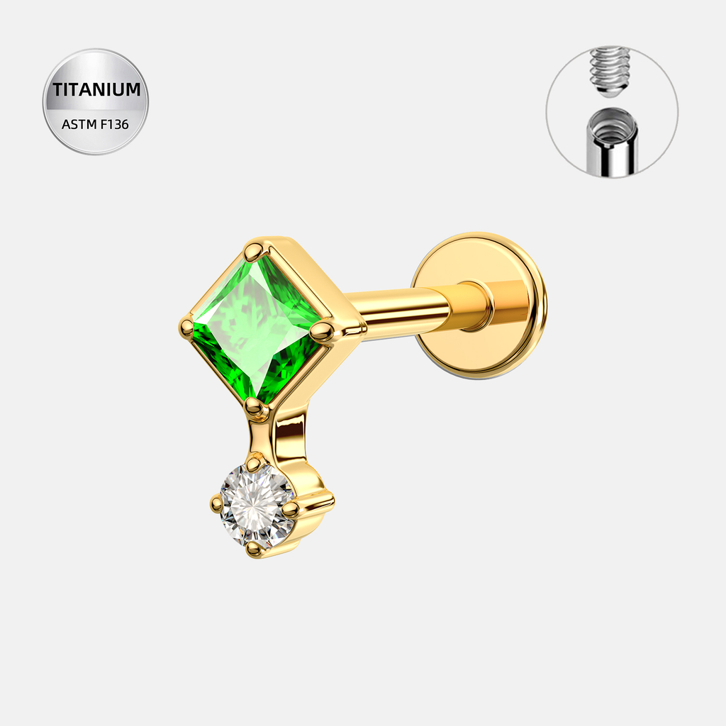 Clear CZ ASTM F136 Titanium Flat Back - Gold, Internally Threaded, 16G, 1.2 x 6+4 mm — product detail views (P-FB-0168-G01)