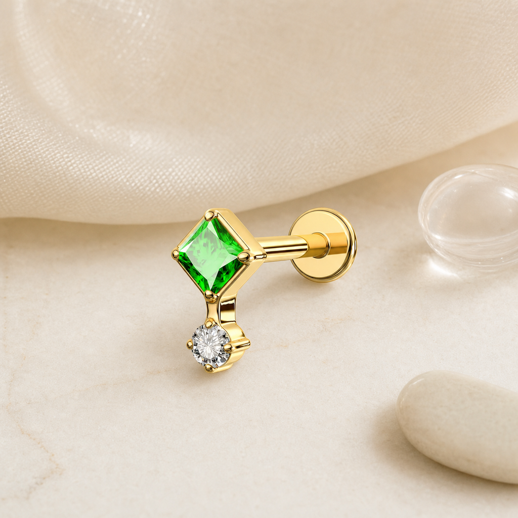 Clear CZ ASTM F136 Titanium Flat Back - Gold, Internally Threaded, 16G, 1.2 x 6+4 mm — styled flat lay (P-FB-0168-G01)
