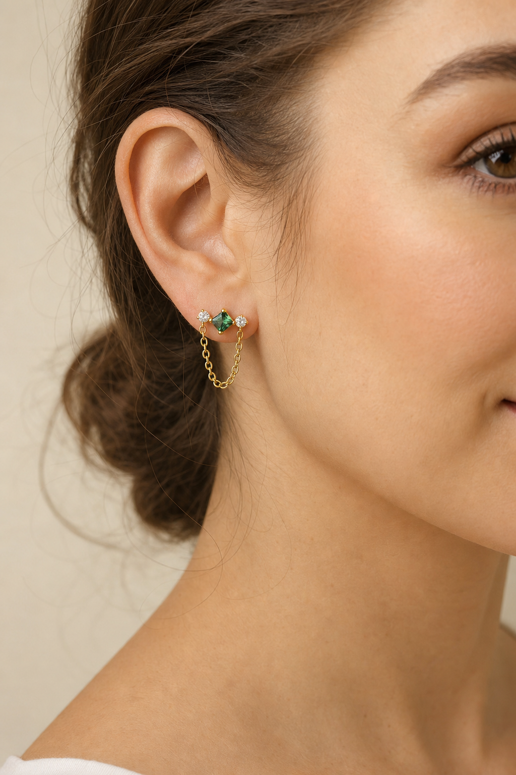 Clear CZ ASTM F136 Titanium Flat Back - Gold, Internally Threaded, 16G, 1.2 x 6+4 mm — wearing view four (P-FB-0171-G01)
