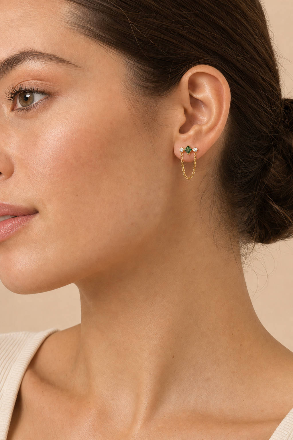Clear CZ ASTM F136 Titanium Flat Back - Gold, Internally Threaded, 16G, 1.2 x 6+4 mm — wearing view one (P-FB-0171-G01)