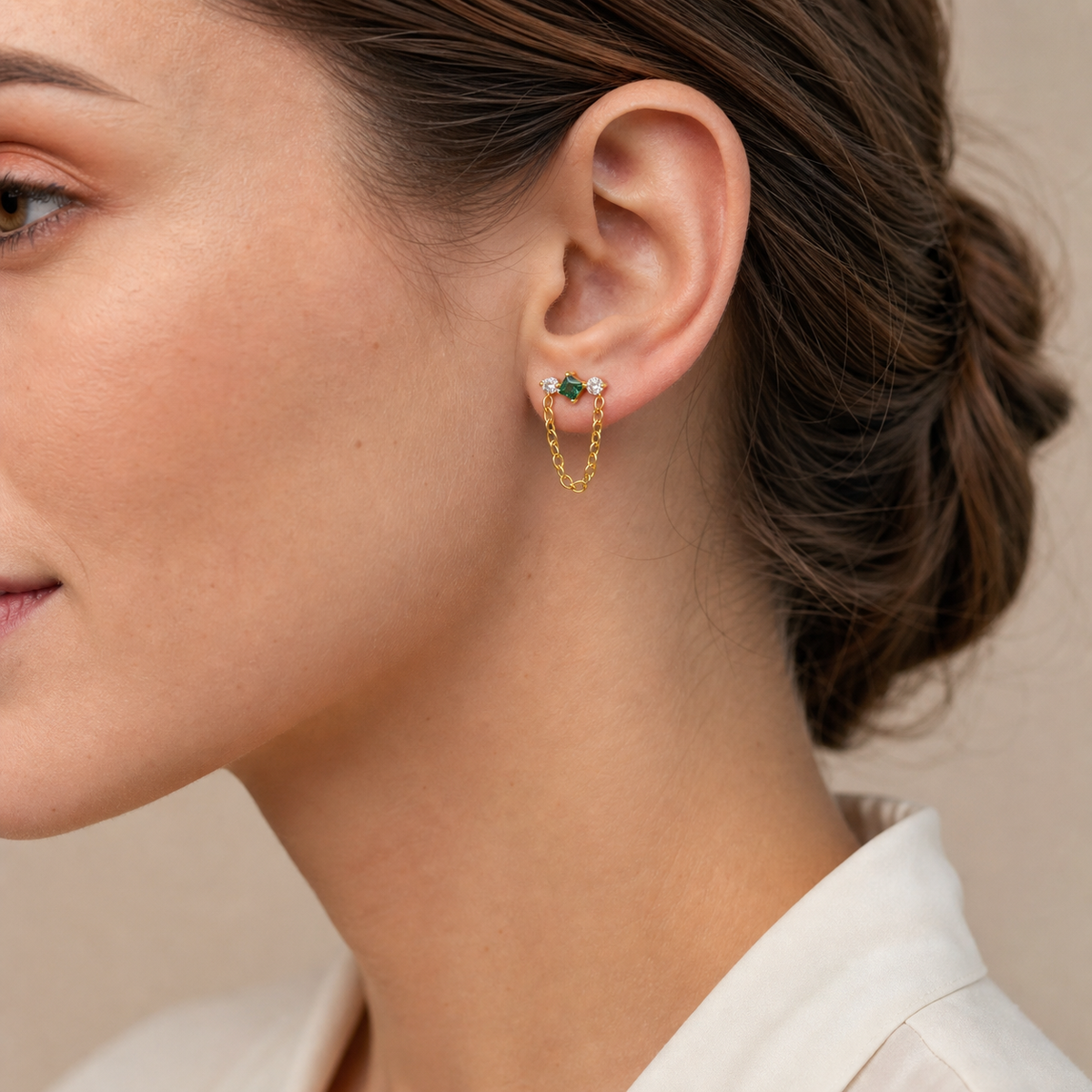 Clear CZ ASTM F136 Titanium Flat Back - Gold, Internally Threaded, 16G, 1.2 x 6+4 mm — wearing view two (P-FB-0171-G01)