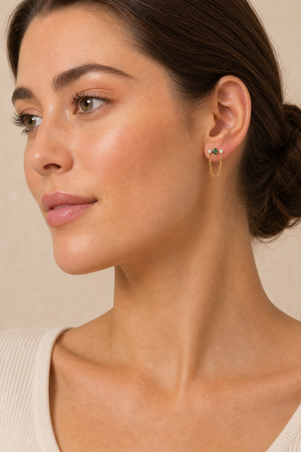 Clear CZ ASTM F136 Titanium Flat Back - Gold, Internally Threaded, 16G, 1.2 x 6+4 mm — wearing view five (P-FB-0171-G01)