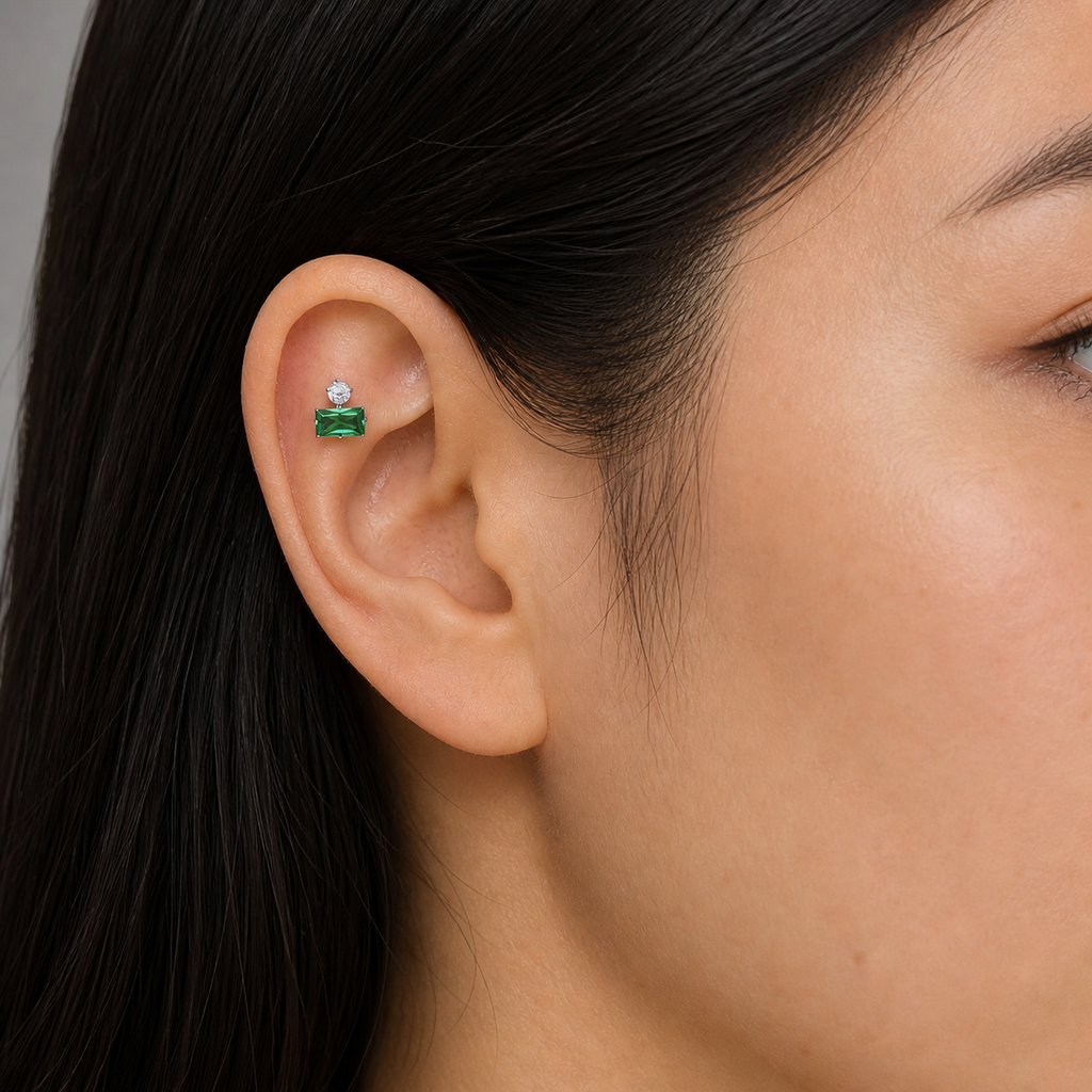 Clear CZ ASTM F136 Titanium Flat Back - Silver, Internally Threaded, 16G, 1.2 x 6+4 mm — wearing view four (P-FB-0172-S01)