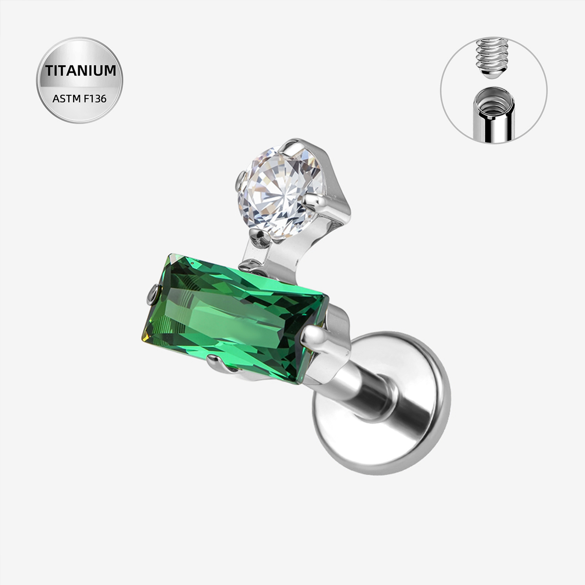 Clear CZ ASTM F136 Titanium Flat Back - Silver, Internally Threaded, 16G, 1.2 x 6+4 mm — product detail views (P-FB-0172-S01)