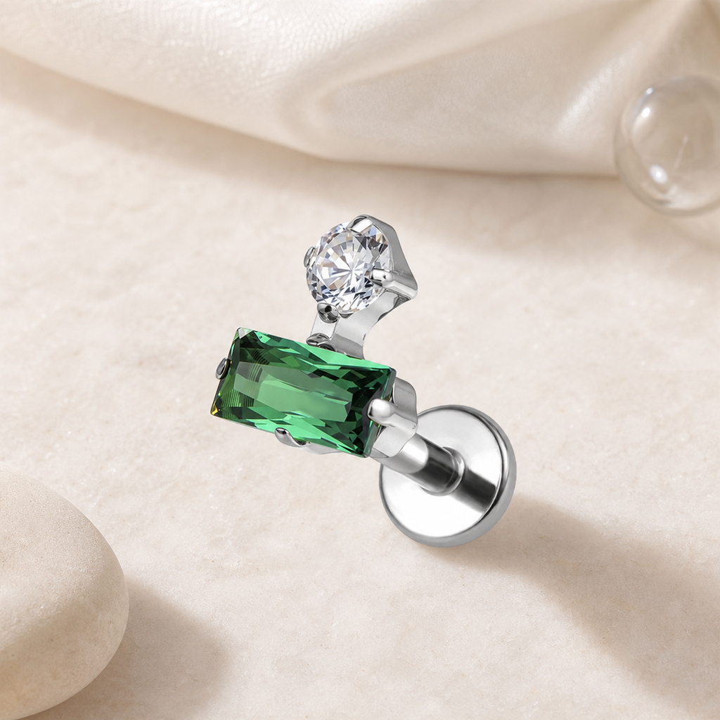 Clear CZ ASTM F136 Titanium Flat Back - Silver, Internally Threaded, 16G, 1.2 x 6+4 mm — styled flat lay (P-FB-0172-S01)