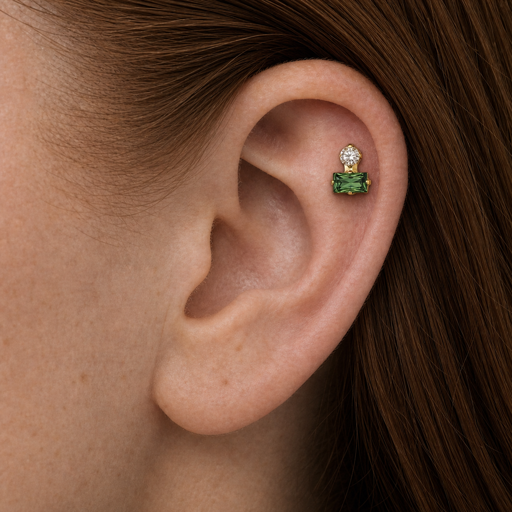 Clear CZ ASTM F136 Titanium Flat Back - Gold, Internally Threaded, 16G, 1.2 x 6+4 mm — wearing view two (P-FB-0173-G01)