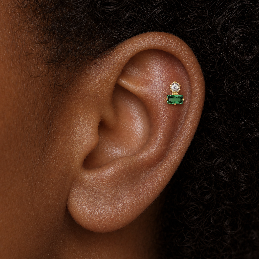 Clear CZ ASTM F136 Titanium Flat Back - Gold, Internally Threaded, 16G, 1.2 x 6+4 mm — wearing view three (P-FB-0173-G01)