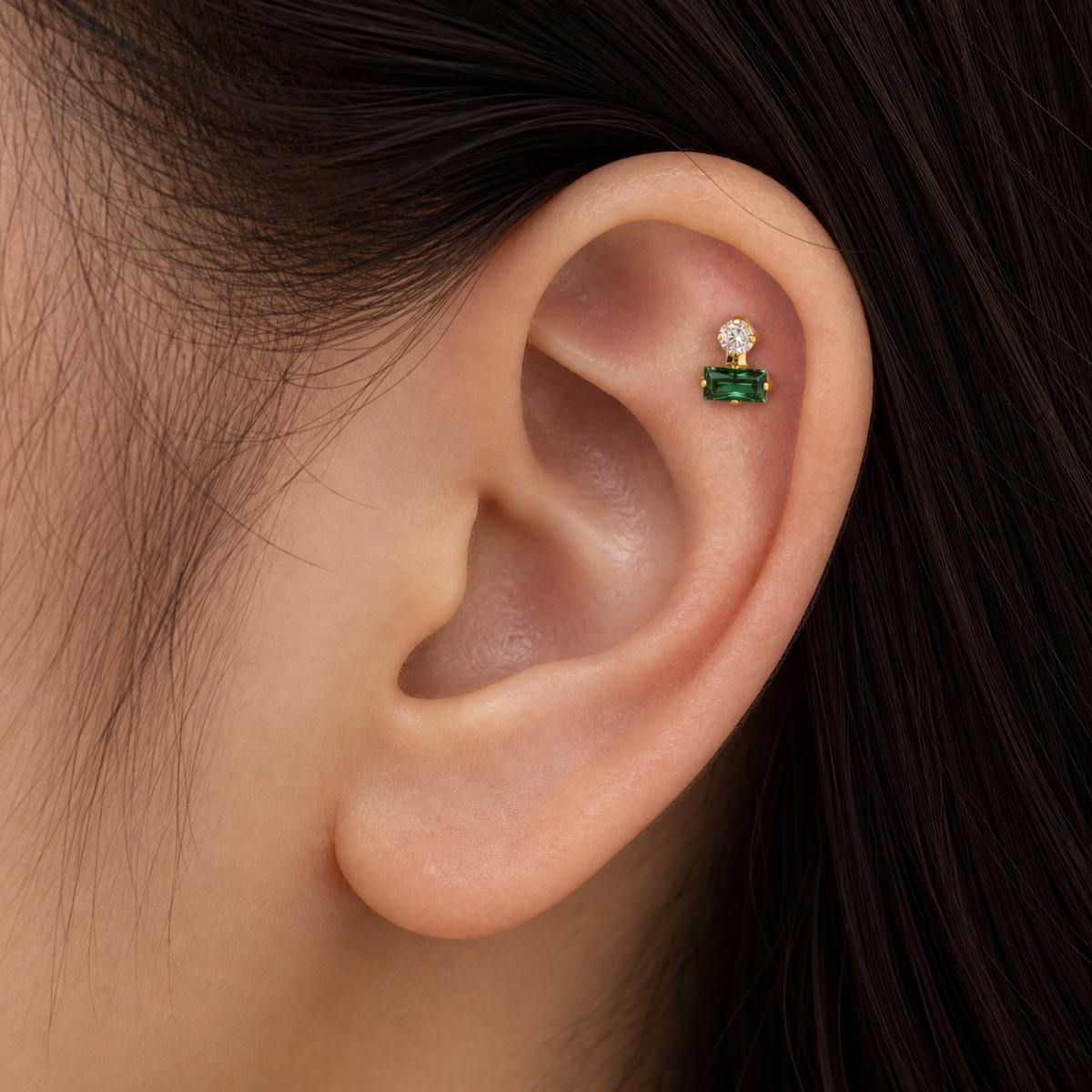Clear CZ ASTM F136 Titanium Flat Back - Gold, Internally Threaded, 16G, 1.2 x 6+4 mm — wearing view four (P-FB-0173-G01)