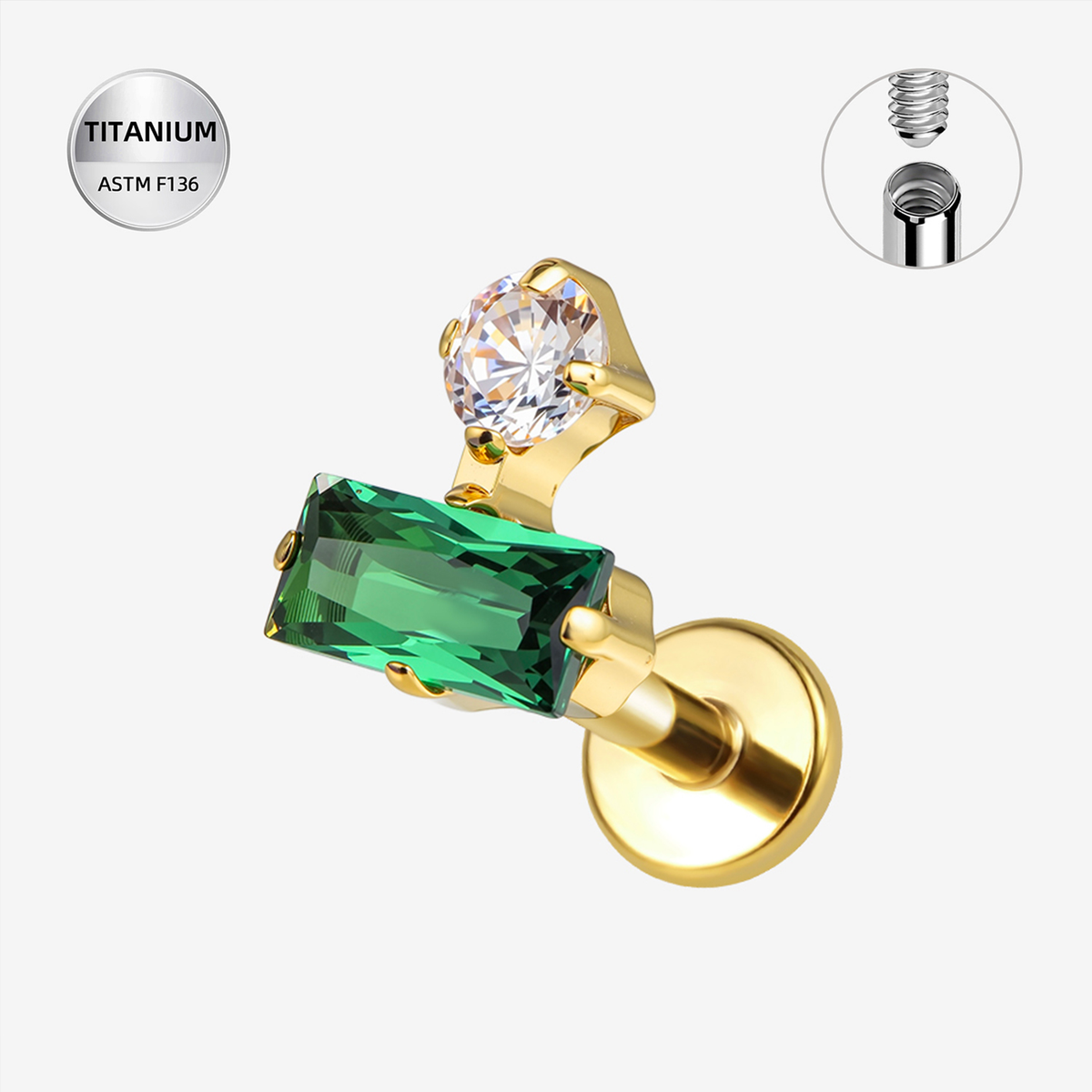 Clear CZ ASTM F136 Titanium Flat Back - Gold, Internally Threaded, 16G, 1.2 x 6+4 mm — product detail views (P-FB-0173-G01)