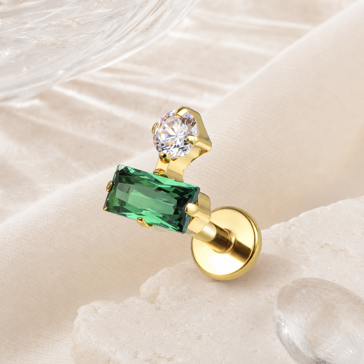 Clear CZ ASTM F136 Titanium Flat Back - Gold, Internally Threaded, 16G, 1.2 x 6+4 mm — styled flat lay (P-FB-0173-G01)