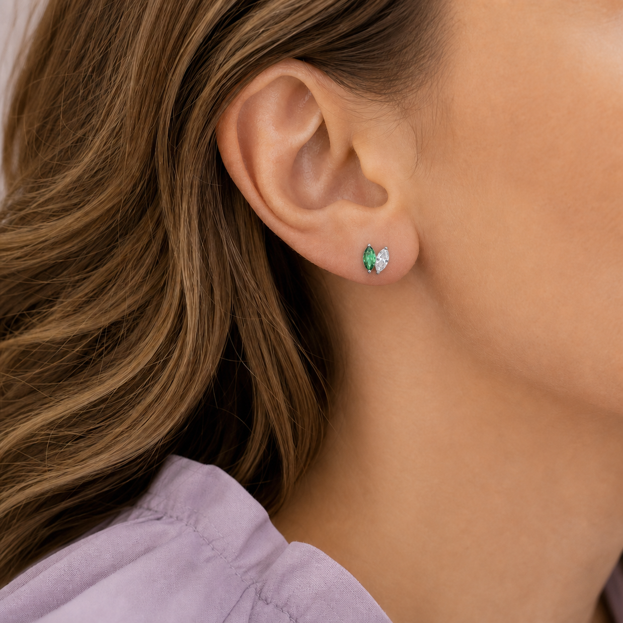 Clear CZ ASTM F136 Titanium Flat Back - Silver, Internally Threaded, 16G, 1.2 x 6+4 mm — wearing view one (P-FB-0174-S01)