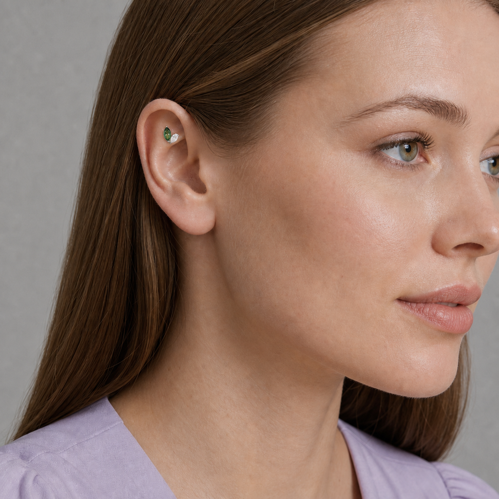 Clear CZ ASTM F136 Titanium Flat Back - Silver, Internally Threaded, 16G, 1.2 x 6+4 mm — wearing view two (P-FB-0174-S01)