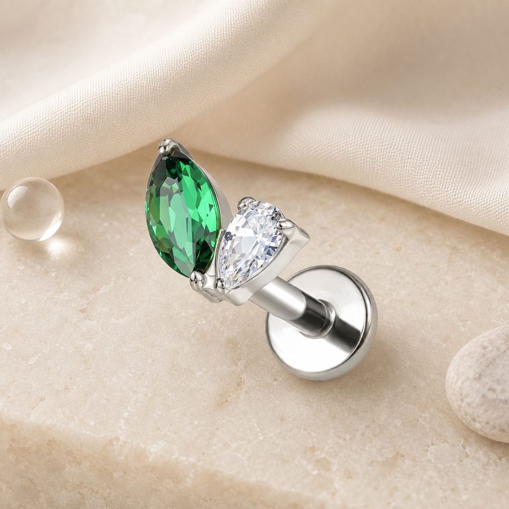 Clear CZ ASTM F136 Titanium Flat Back - Silver, Internally Threaded, 16G, 1.2 x 6+4 mm — styled flat lay (P-FB-0174-S01)