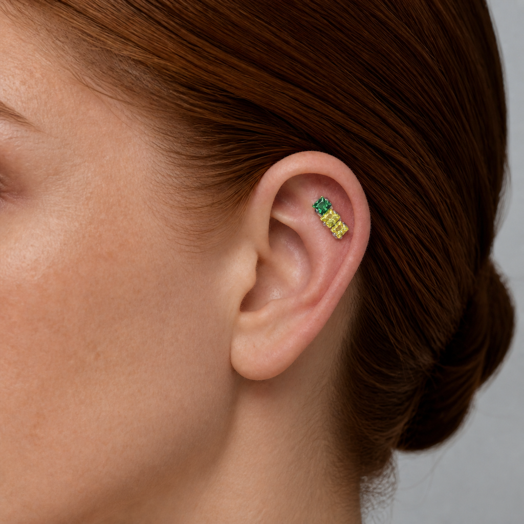 Green CZ ASTM F136 Titanium Flat Back - Silver, Internally Threaded, 16G, 1.2 x 6+4 mm — wearing view two (P-FB-0175-S01)
