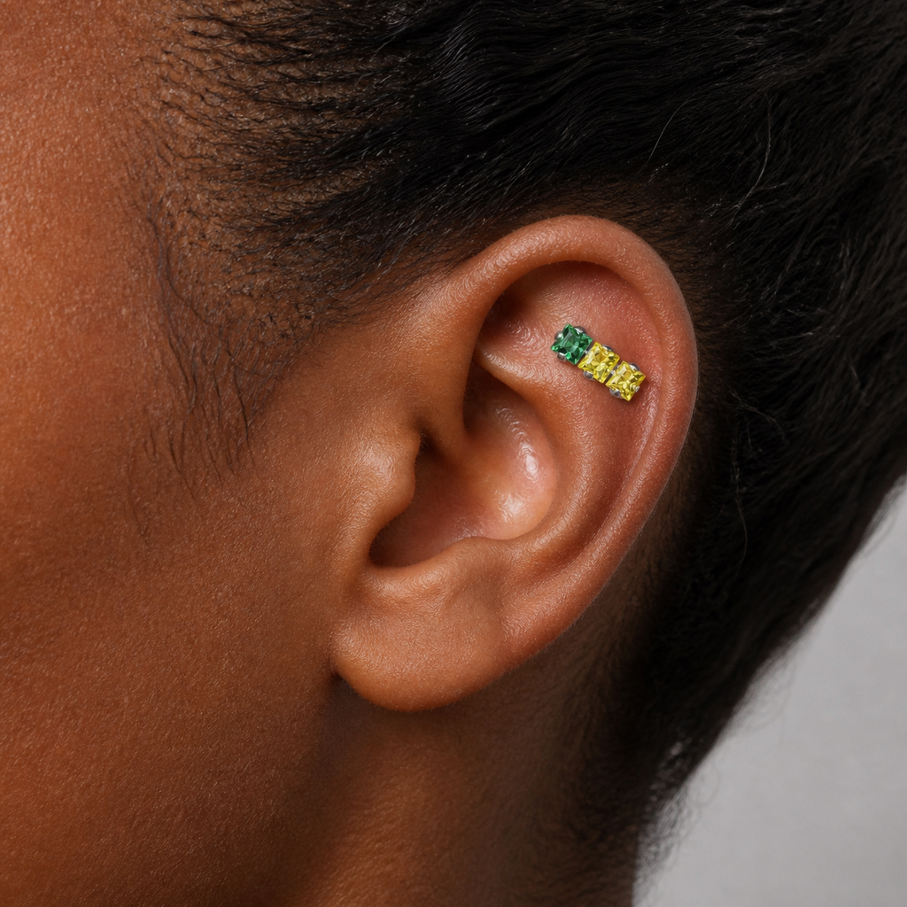 Green CZ ASTM F136 Titanium Flat Back - Silver, Internally Threaded, 16G, 1.2 x 6+4 mm — wearing view three (P-FB-0175-S01)