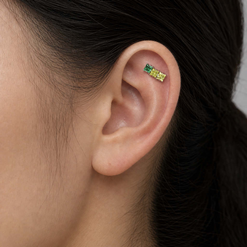 Green CZ ASTM F136 Titanium Flat Back - Silver, Internally Threaded, 16G, 1.2 x 6+4 mm — wearing view four (P-FB-0175-S01)