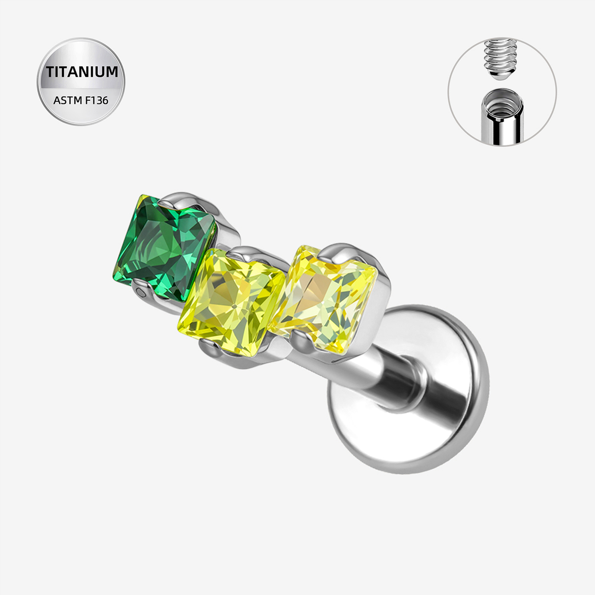 Green CZ ASTM F136 Titanium Flat Back - Silver, Internally Threaded, 16G, 1.2 x 6+4 mm — product detail views (P-FB-0175-S01)