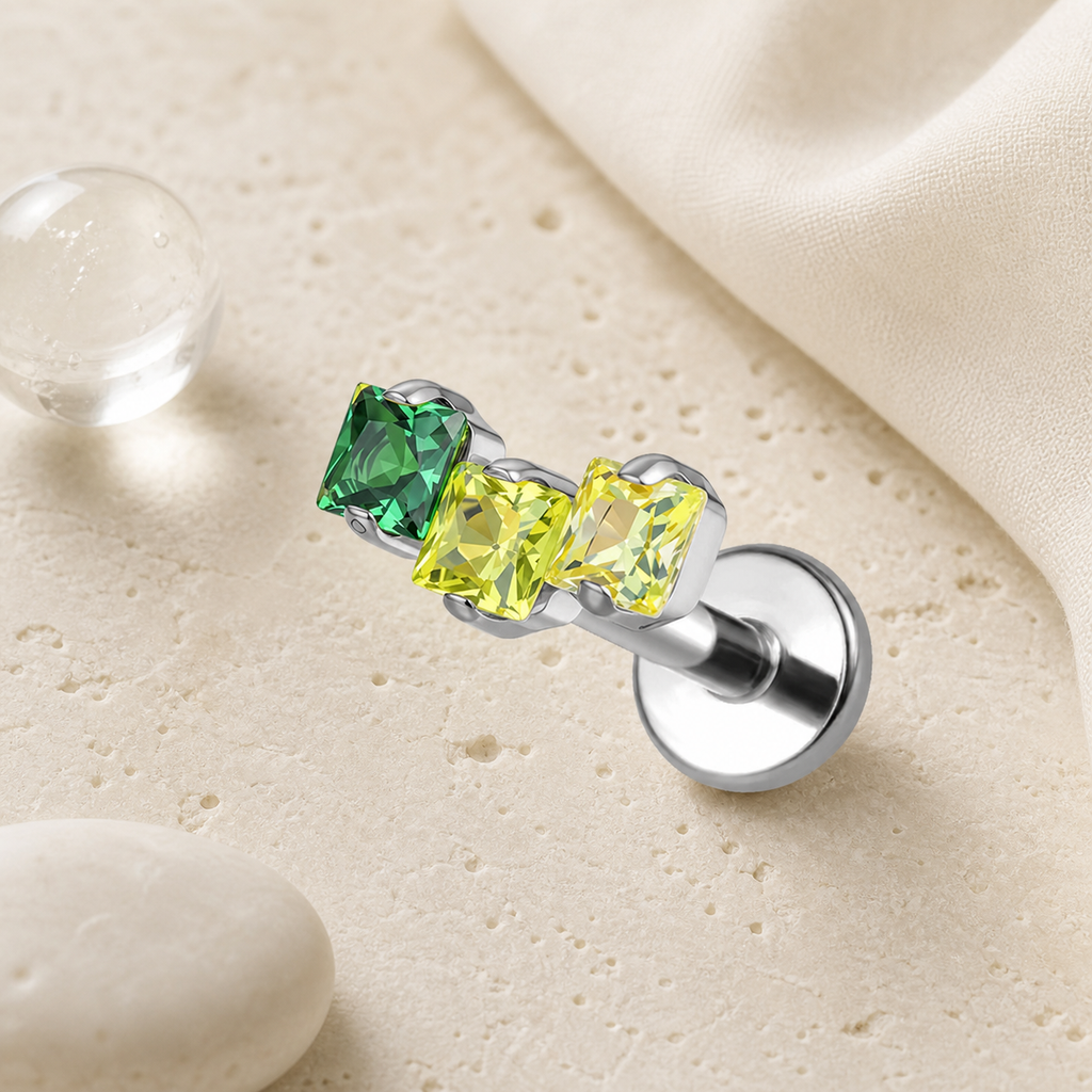 Green CZ ASTM F136 Titanium Flat Back - Silver, Internally Threaded, 16G, 1.2 x 6+4 mm — styled flat lay (P-FB-0175-S01)