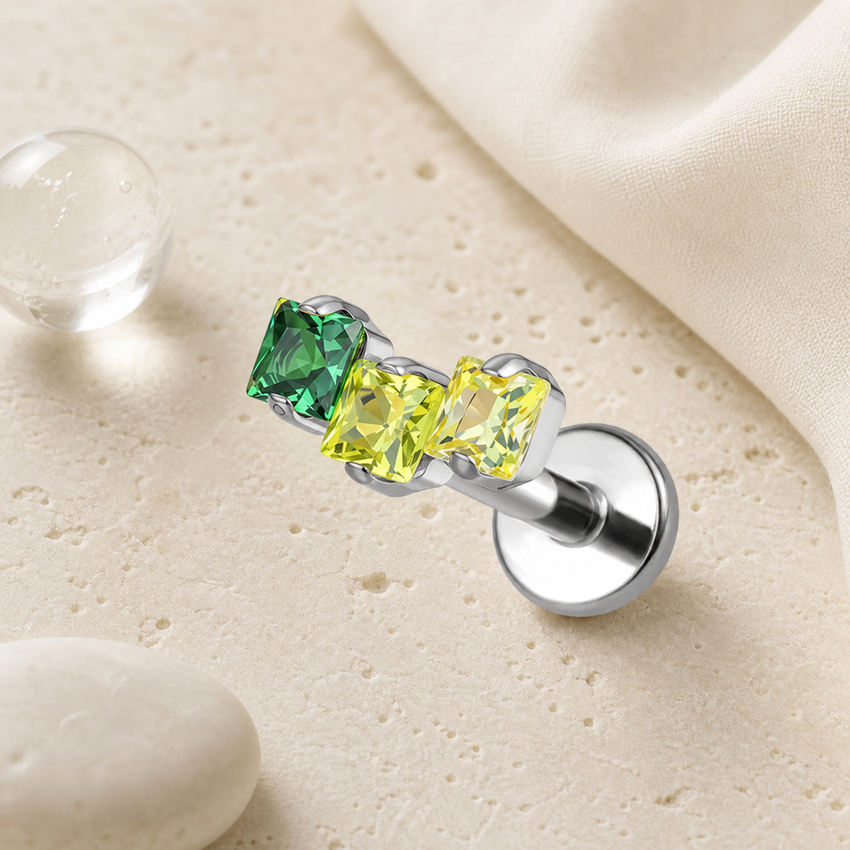 Green CZ ASTM F136 Titanium Flat Back - Silver, Internally Threaded, 16G, 1.2 x 6+4 mm — styled flat lay (P-FB-0175-S01)