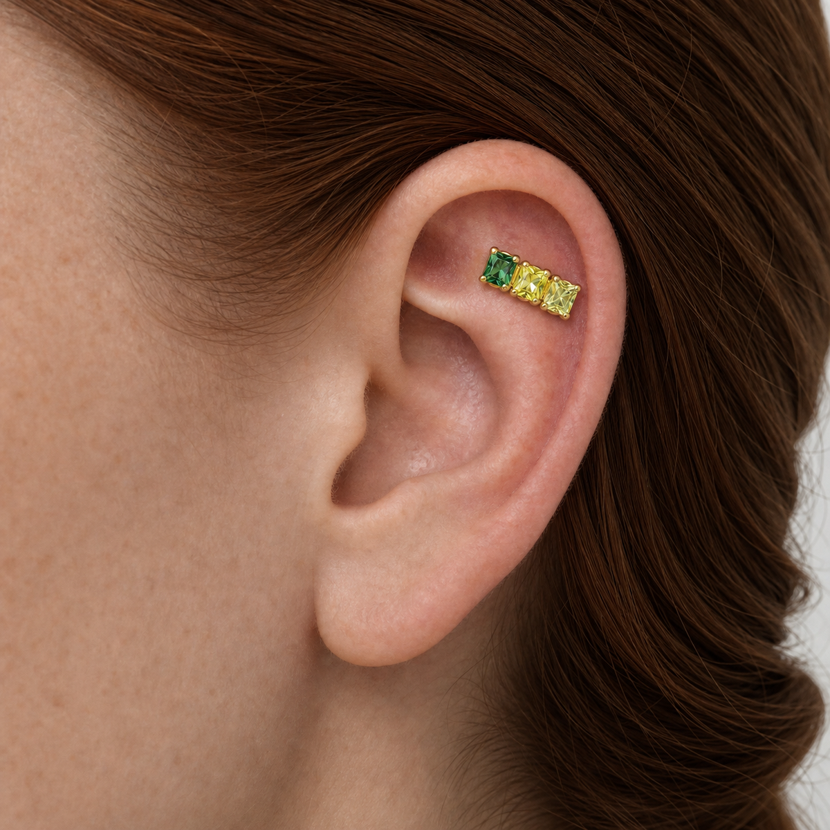 Green CZ ASTM F136 Titanium Flat Back - Gold, Internally Threaded, 16G, 1.2 x 6+4 mm — wearing view two (P-FB-0176-G01)