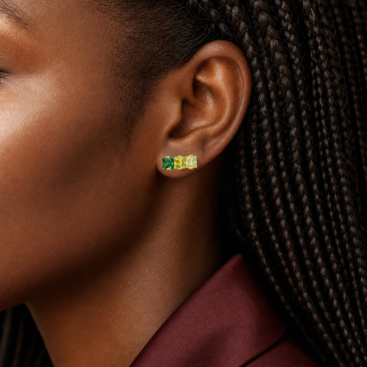 Green CZ ASTM F136 Titanium Flat Back - Gold, Internally Threaded, 16G, 1.2 x 6+4 mm — wearing view two (P-FB-0176-G01)