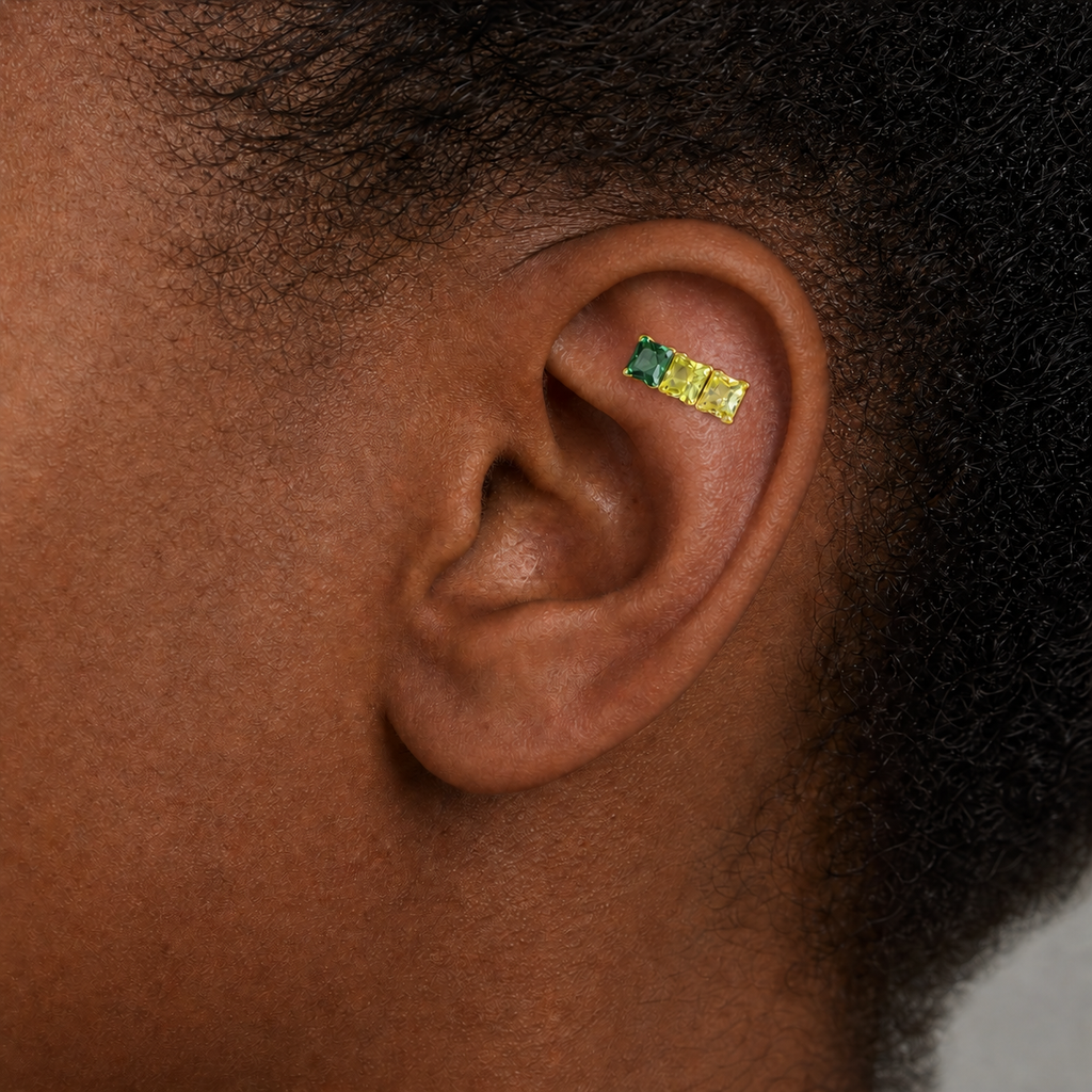 Green CZ ASTM F136 Titanium Flat Back - Gold, Internally Threaded, 16G, 1.2 x 6+4 mm — wearing view three (P-FB-0176-G01)
