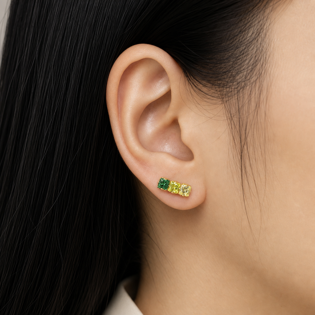 Green CZ ASTM F136 Titanium Flat Back - Gold, Internally Threaded, 16G, 1.2 x 6+4 mm — wearing view three (P-FB-0176-G01)