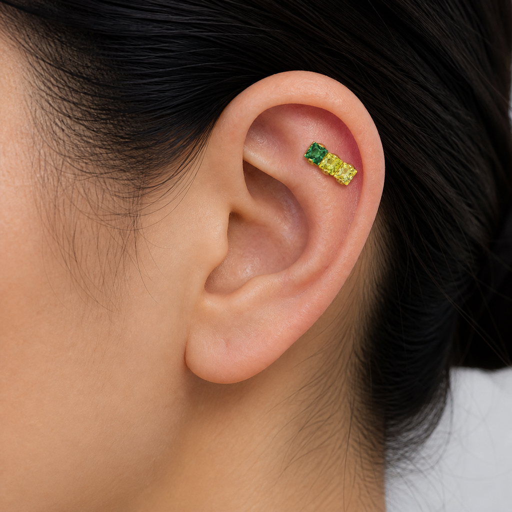 Green CZ ASTM F136 Titanium Flat Back - Gold, Internally Threaded, 16G, 1.2 x 6+4 mm — wearing view four (P-FB-0176-G01)