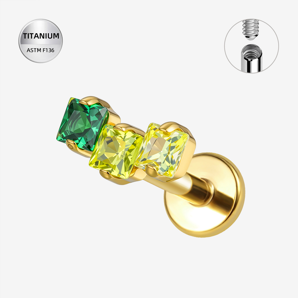 Green CZ ASTM F136 Titanium Flat Back - Gold, Internally Threaded, 16G, 1.2 x 6+4 mm — product detail views (P-FB-0176-G01)