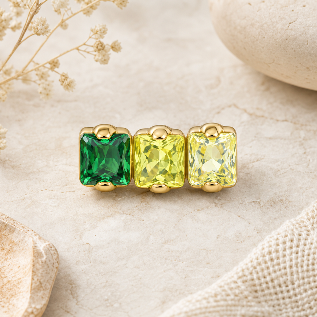 Green CZ ASTM F136 Titanium Flat Back - Gold, Internally Threaded, 16G, 1.2 x 6+4 mm — styled flat lay (P-FB-0176-G01)