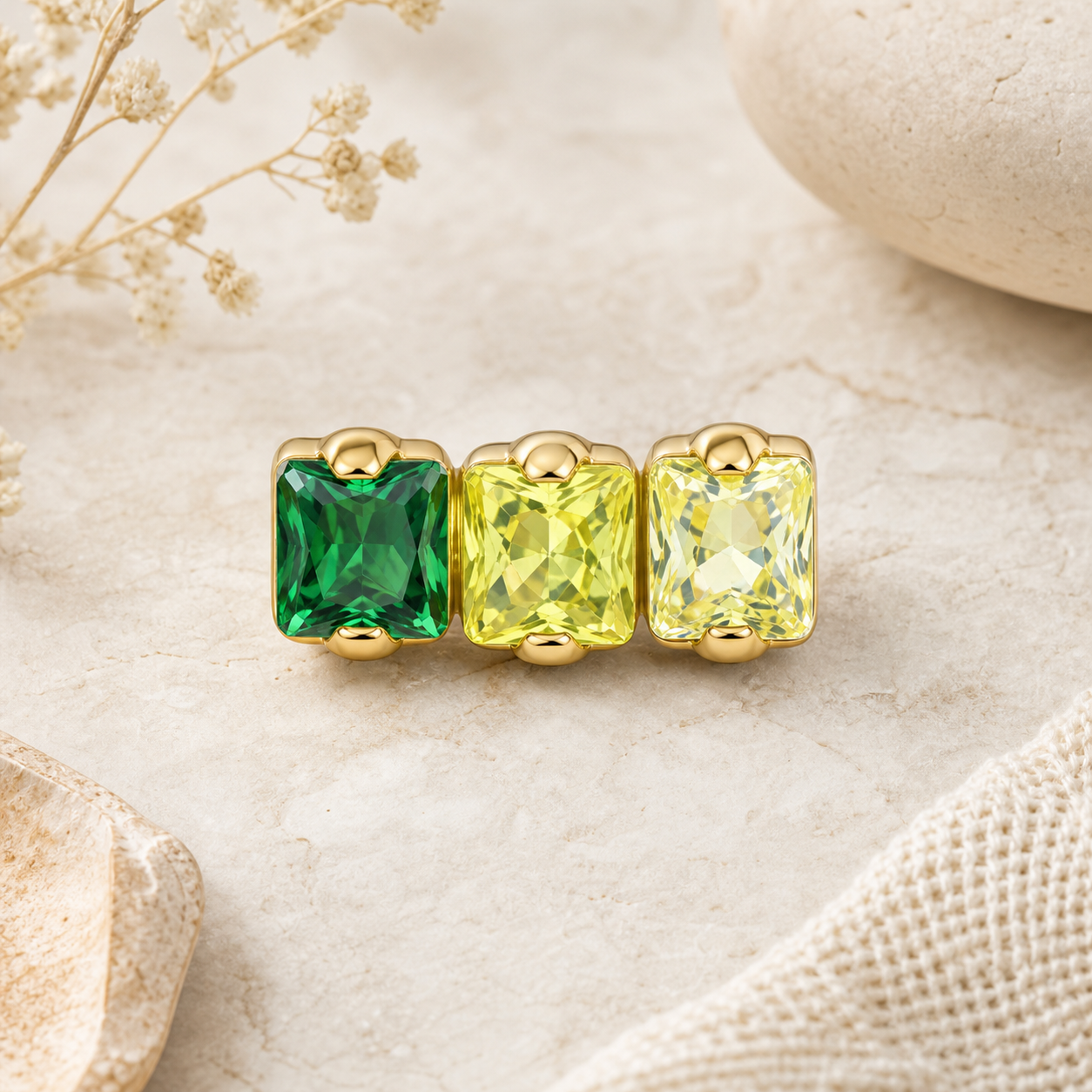 Green CZ ASTM F136 Titanium Flat Back - Gold, Internally Threaded, 16G, 1.2 x 6+4 mm — styled flat lay (P-FB-0176-G01)
