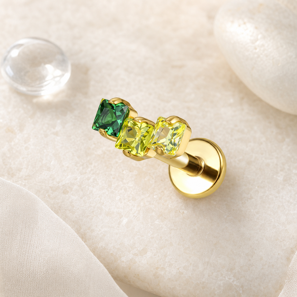 Green CZ ASTM F136 Titanium Flat Back - Gold, Internally Threaded, 16G, 1.2 x 6+4 mm — styled flat lay (P-FB-0176-G01)