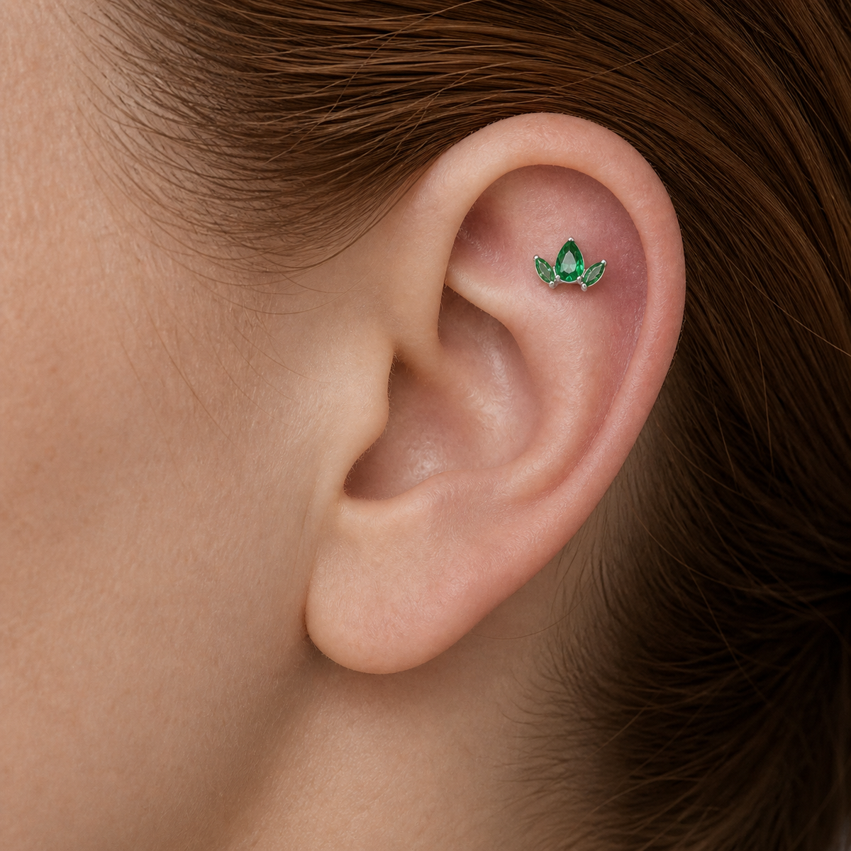 Green ASTM F136 Titanium Flat Back - Silver, Threadless, 16G, 1.2 x 6 mm — wearing view two (P-FB-0177-S01)