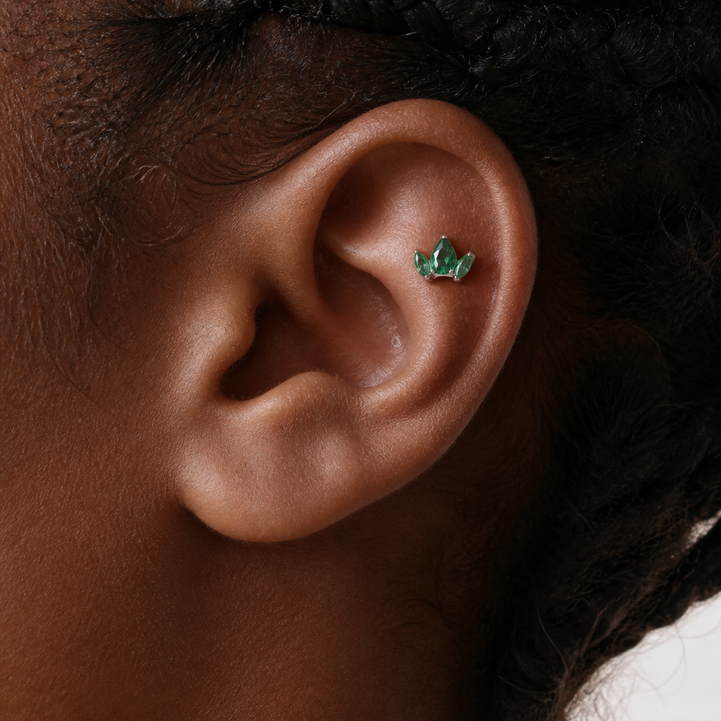 Green ASTM F136 Titanium Flat Back - Silver, Threadless, 16G, 1.2 x 6 mm — wearing view three (P-FB-0177-S01)