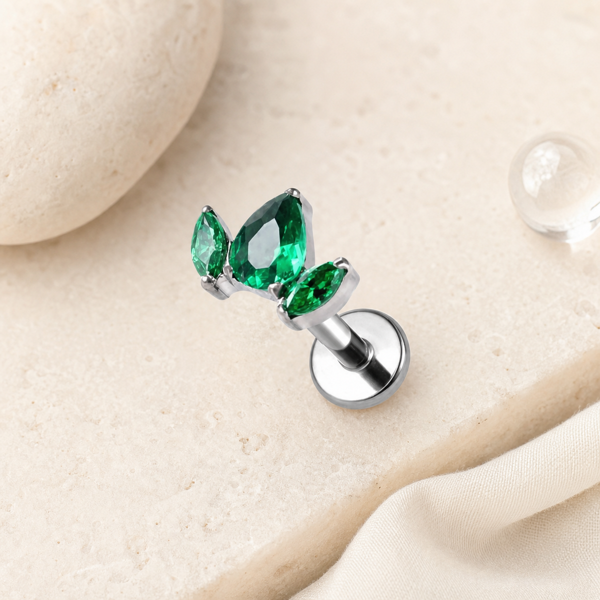 Green ASTM F136 Titanium Flat Back - Silver, Threadless, 16G, 1.2 x 6 mm — styled flat lay (P-FB-0177-S01)