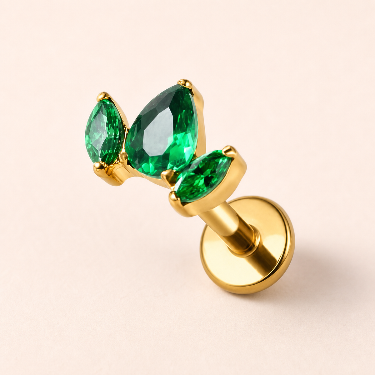 Green CZ ASTM F136 Titanium Flat Back - Gold, Threadless, 16G, 1.2 x 6+4 mm — primary product image (P-FB-0178-G01)