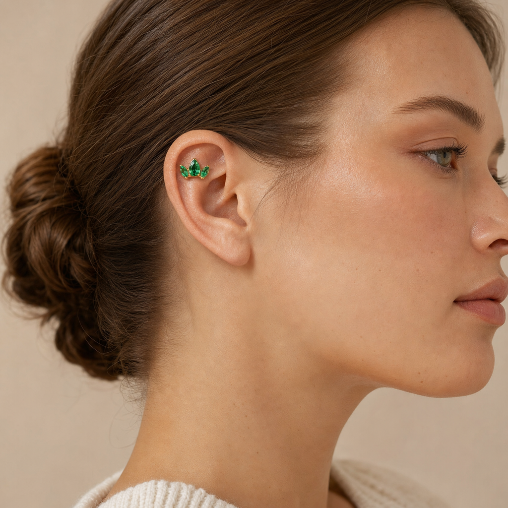 Green CZ ASTM F136 Titanium Flat Back - Gold, Threadless, 16G, 1.2 x 6+4 mm — wearing view two (P-FB-0178-G01)