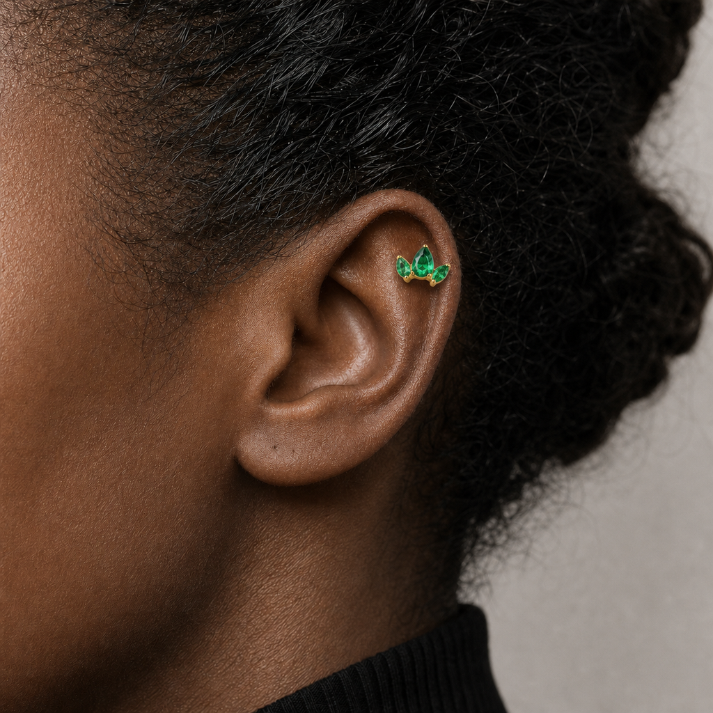 Green CZ ASTM F136 Titanium Flat Back - Gold, Threadless, 16G, 1.2 x 6+4 mm — wearing view two (P-FB-0178-G01)