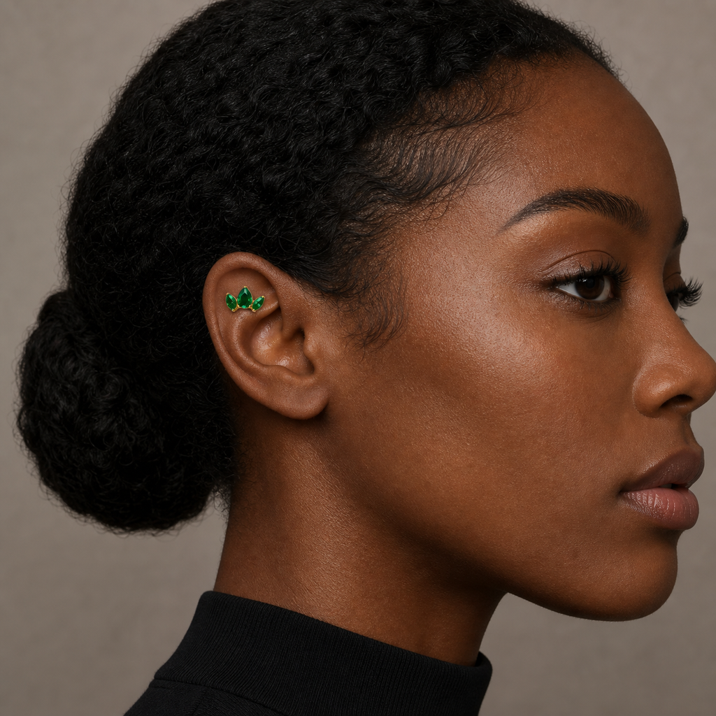 Green CZ ASTM F136 Titanium Flat Back - Gold, Threadless, 16G, 1.2 x 6+4 mm — wearing view three (P-FB-0178-G01)