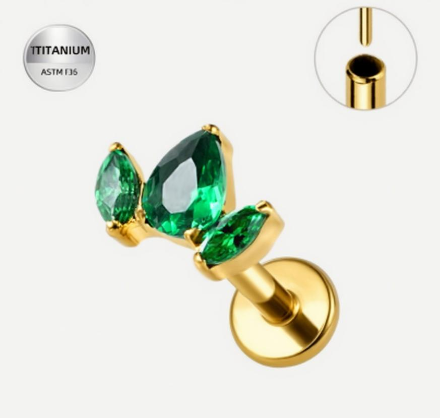 Green CZ ASTM F136 Titanium Flat Back - Gold, Threadless, 16G, 1.2 x 6+4 mm — product detail views (P-FB-0178-G01)
